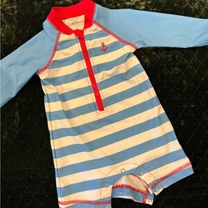 Little Me Blue and White Striped Rashguard with Red Trim VGUC